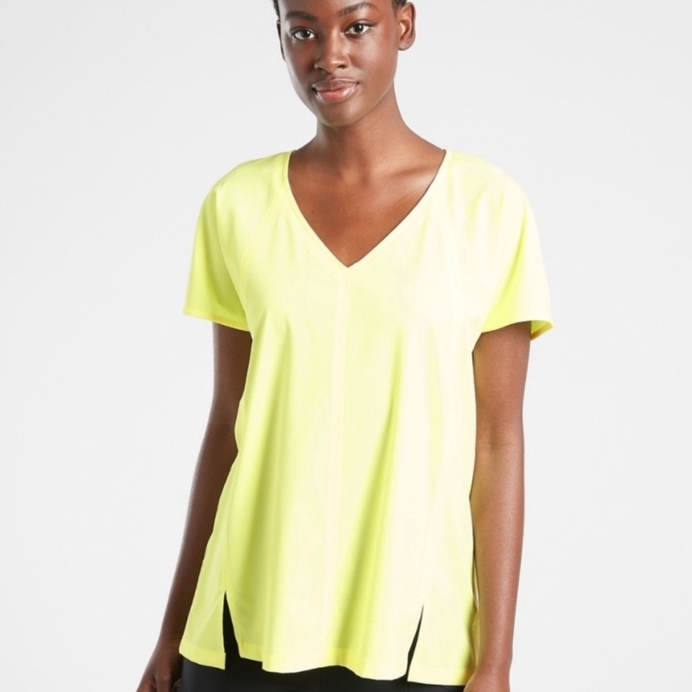 Athleta Boulevard V Neck Tee Neon Yellow Shirt Stretchy Featherweight